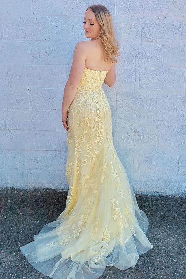 Vestido de festa/formal sereia, sem alças, azul-celeste, com racha e renda PSK075