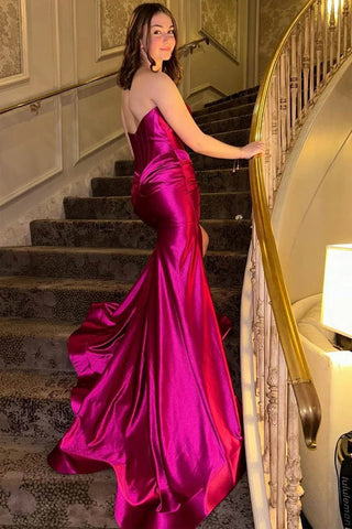 Vestido de festa sereia, sem alças, sem mangas, fúcsia, com racha PSK623