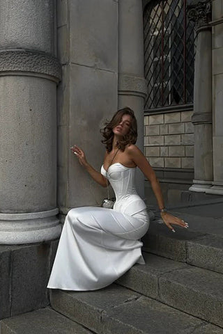 Mermaid Sweetheart Neck Corset Satin White Long Prom Dress PSK659