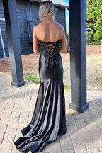 Mermaid Sweetheart Satin Black Long Prom Dress with Beading PSK622
