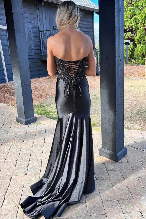 Mermaid Sweetheart Satin Black Long Prom Dress with Beading PSK622