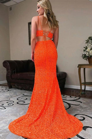 Vestido de festa comprido laranja com lantejoulas e sereia, duas peças, PSK316