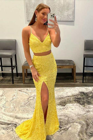 Vestido de festa comprido laranja com lantejoulas e sereia, duas peças, PSK316