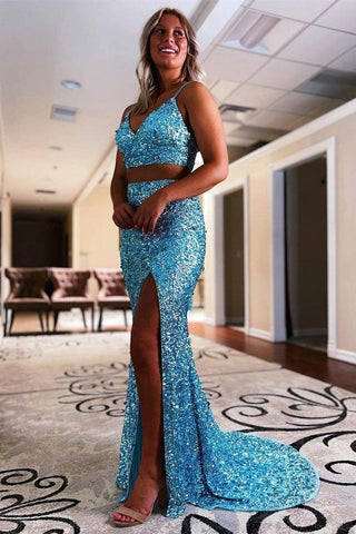 Vestido de festa comprido laranja com lantejoulas e sereia, duas peças, PSK316
