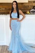 Meerjungfrau-Abendkleid mit U-Ausschnitt, hellblau, Spitze, zweiteilig, PSK274