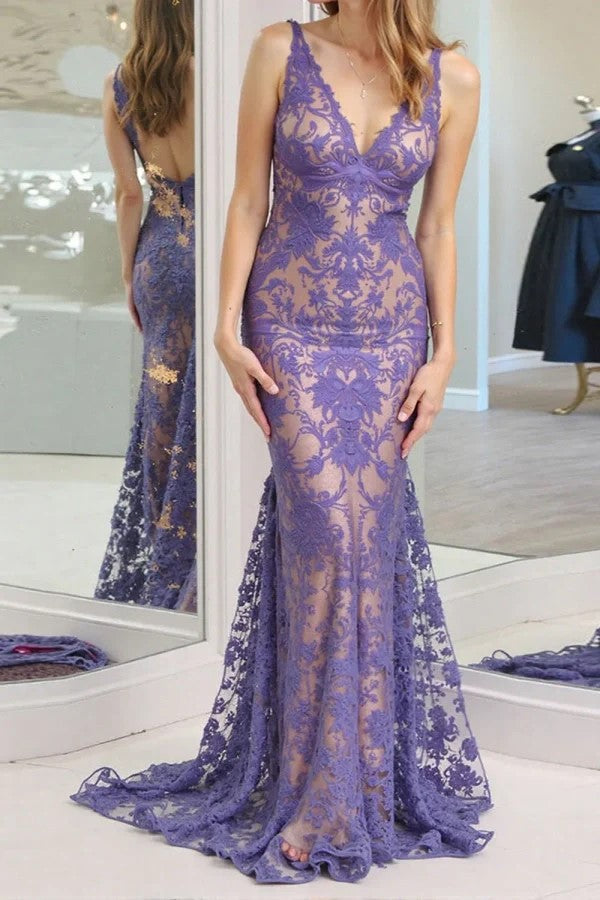 Mermaid V-Neck Backless Lilac Prom Dress with Lace PSK678