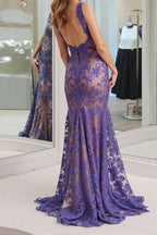 Mermaid V-Neck Backless Lilac Prom Dress with Lace PSK678