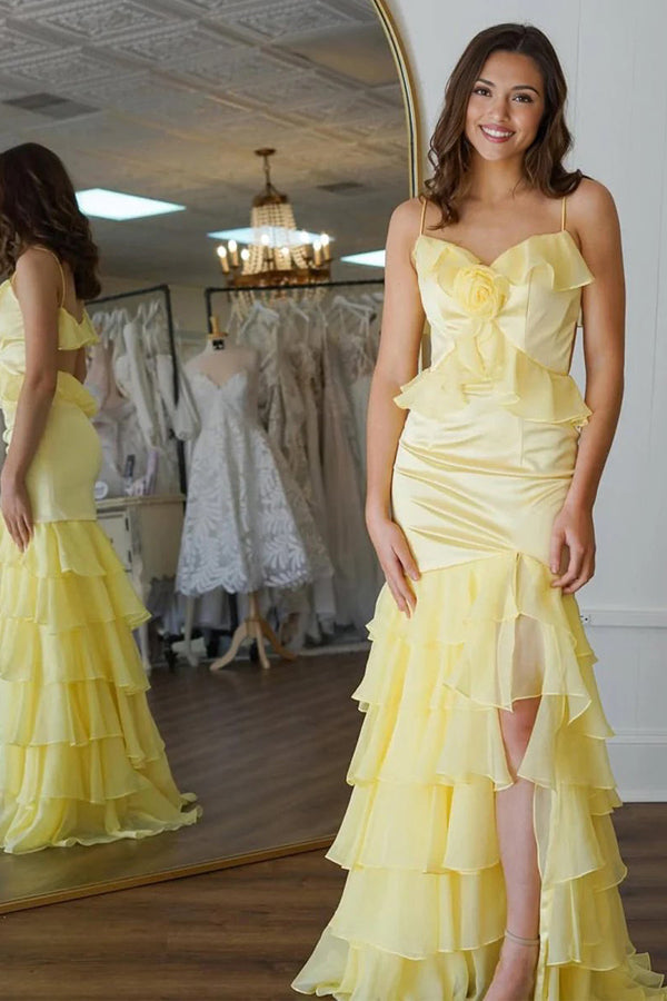 Mermaid V-Neck Ruffle Chiffon Yellow Flower Prom Dress PSK705