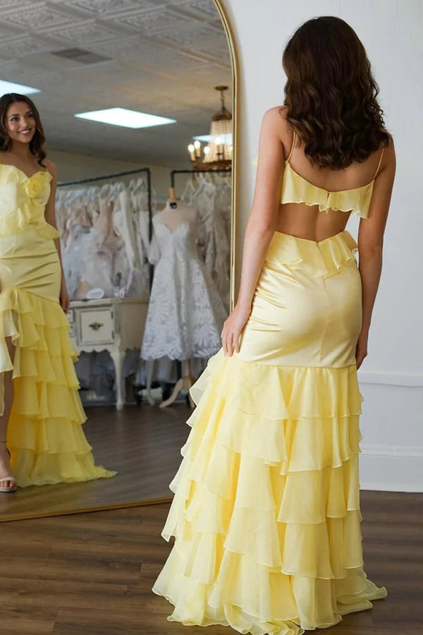 Mermaid V-Neck Ruffle Chiffon Yellow Flower Prom Dress PSK705