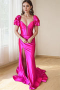 Robe de bal longue rose vif à manches courtes et col en V sirène PSK631