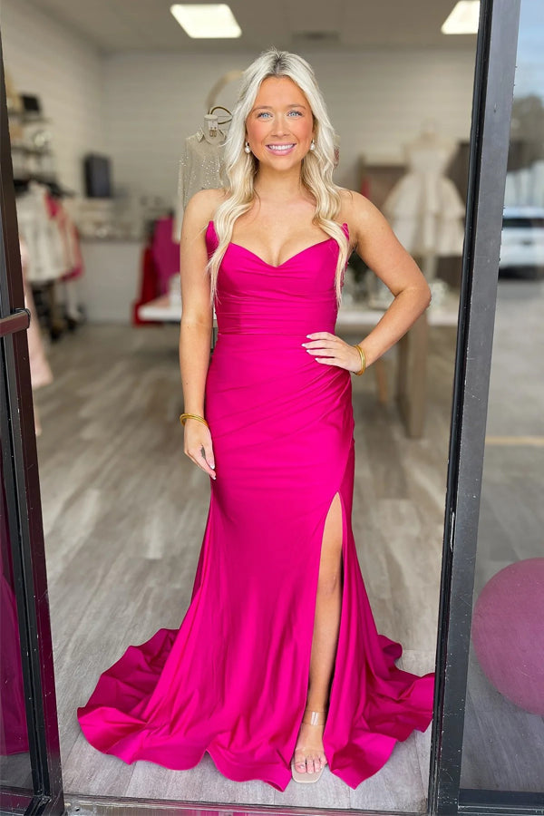 Mermaid V-neck Fuchsia Prom Dress Evening Dress With Slit PSK716