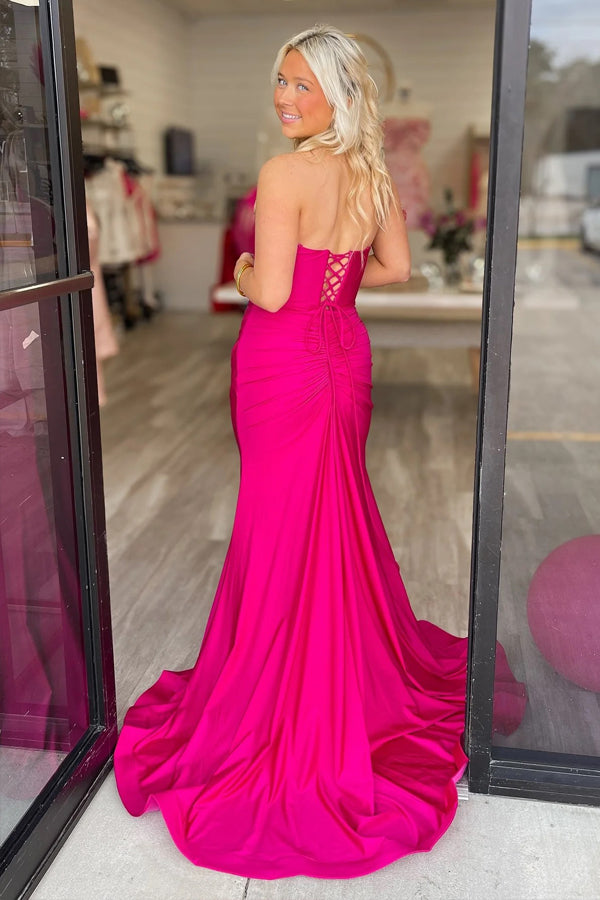 Mermaid V-neck Fuchsia Prom Dress Evening Dress With Slit PSK716