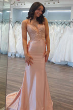 Mermaid V-neck Light Pink Satin Appliques Long Prom Dress PSK685
