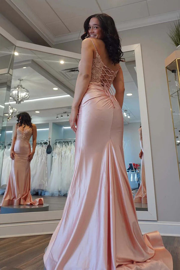 Mermaid V-neck Light Pink Satin Appliques Long Prom Dress PSK685