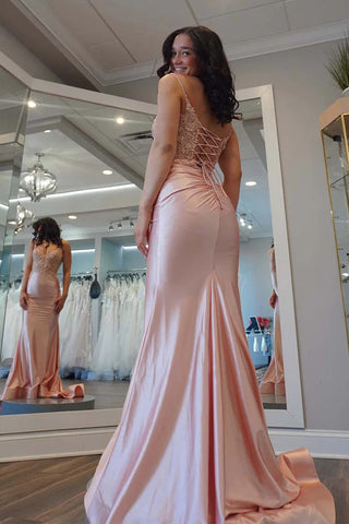 Meerjungfrau V-Ausschnitt Hellrosa Satin Applikationen Langes Ballkleid PSK685