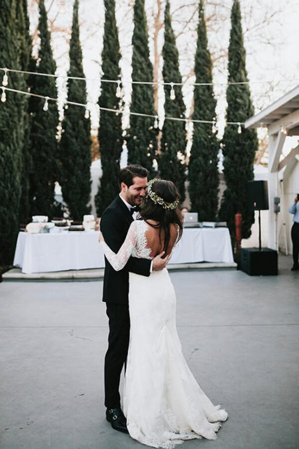 Gorgeous Mermaid V-neck Open Back Lace Long Sleeves Wedding Dresses with Train,MW472