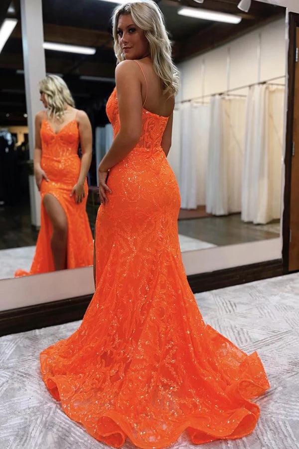 Vestido de festa comprido laranja com decote em V e glitter, sereia, PSK416