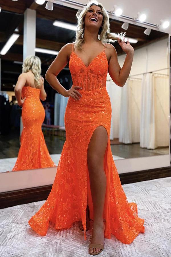Meerjungfrau V-Ausschnitt Glitzer Schlitz Orange Langes Ballkleid PSK416