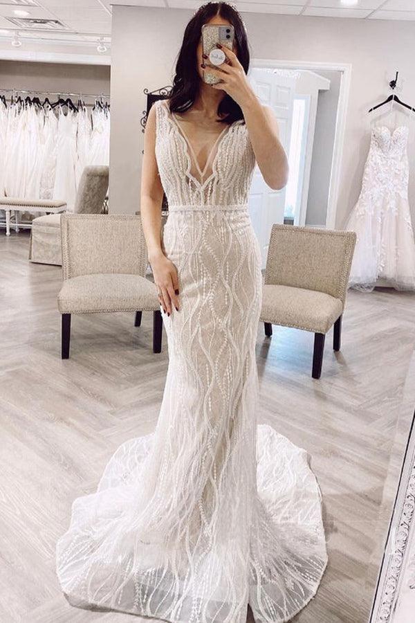 Mermaid V Neck  Lace Wedding Dresses Backless Bridal Gown