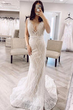 Mermaid V Neck  Lace Wedding Dresses Backless Bridal Gown