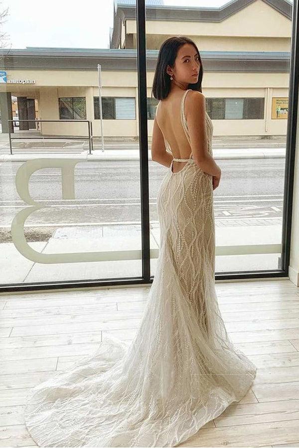 Mermaid V Neck  Lace Wedding Dresses Backless Bridal Gown