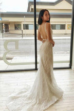 Mermaid V Neck  Lace Wedding Dresses Backless Bridal Gown
