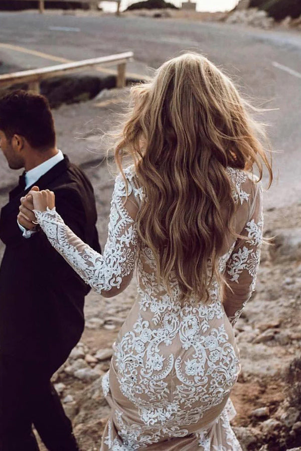 Nixenlangarm-Spitzen-Boho-Hochzeitskleid Rustikales Brautkleid