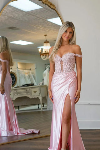 Meerjungfrau-Ballkleid mit schulterfreiem Rücken und Applikationen, rosa, PSK575