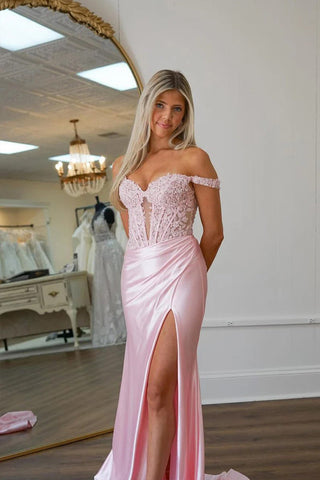 Meerjungfrau-Ballkleid mit schulterfreiem Rücken und Applikationen, rosa, PSK575