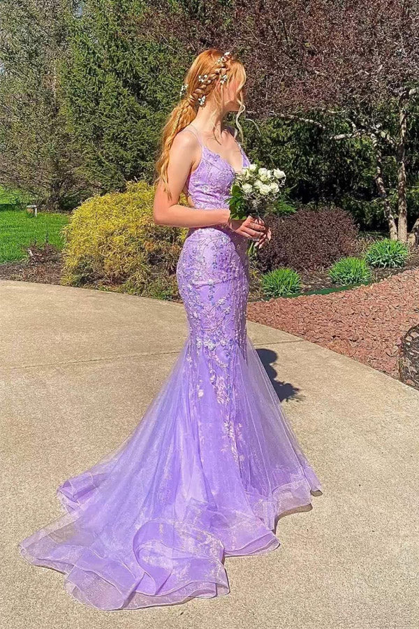 Mermaid Spaghetti Straps Lace Lavender Long Prom Dress PSK669