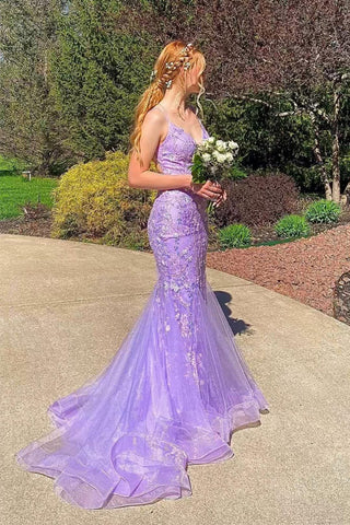 Meerjungfrau Spaghettiträger Spitze Lavendel Langes Ballkleid PSK669