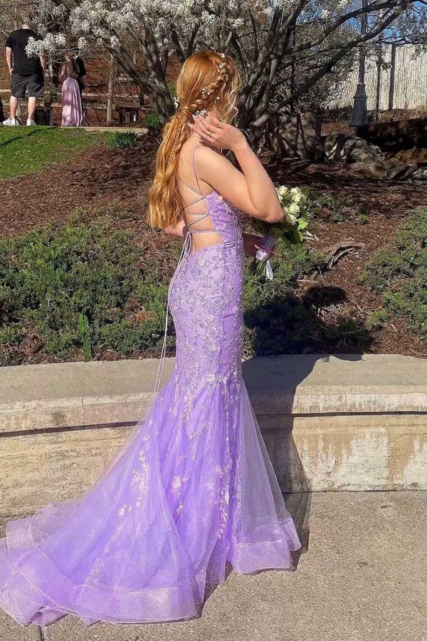 Mermaid Spaghetti Straps Lace Lavender Long Prom Dress PSK669