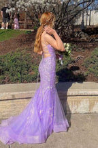 Mermaid Spaghetti Straps Lace Lavender Long Prom Dress PSK669