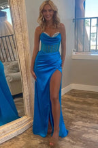 Mermaid Strapless Satin Royal Blue Prom Dress With Beading PSK632