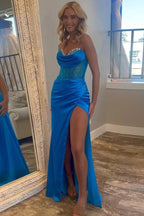 Mermaid Strapless Satin Royal Blue Prom Dress With Beading PSK632