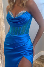 Mermaid Strapless Satin Royal Blue Prom Dress With Beading PSK632