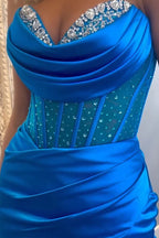 Mermaid Strapless Satin Royal Blue Prom Dress With Beading PSK632