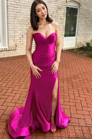 Vestido de festa sereia, sem alças, sem mangas, fúcsia, com racha PSK623