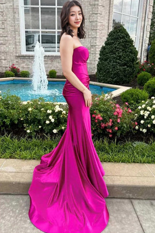 Vestido de festa sereia, sem alças, sem mangas, fúcsia, com racha PSK623