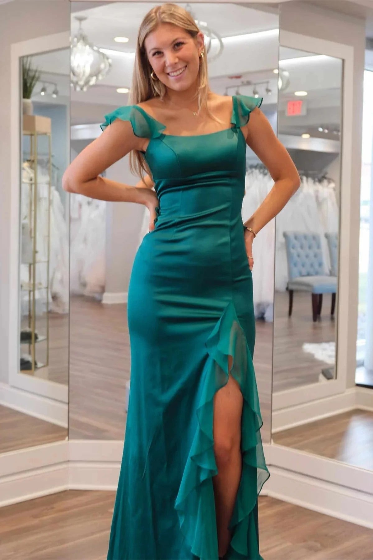 Mermaid Straps Scoop Pleated High Slit Emerald Green Prom Dress PSK612