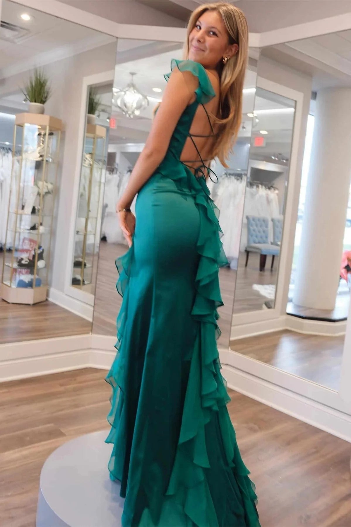 Mermaid Straps Scoop Pleated High Slit Emerald Green Prom Dress PSK612