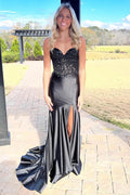 Robe de bal longue en satin noir Mermaid Sweetheart avec perlage PSK622