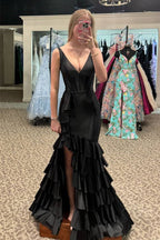 Mermaid V-Neck Ruffle Black Prom Dress Party Dress with Split PSK637