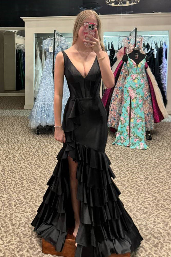 Mermaid V-Neck Ruffle Black Prom Dress Party Dress with Split PSK637