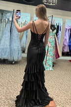 Mermaid V-Neck Ruffle Black Prom Dress Party Dress with Split PSK637
