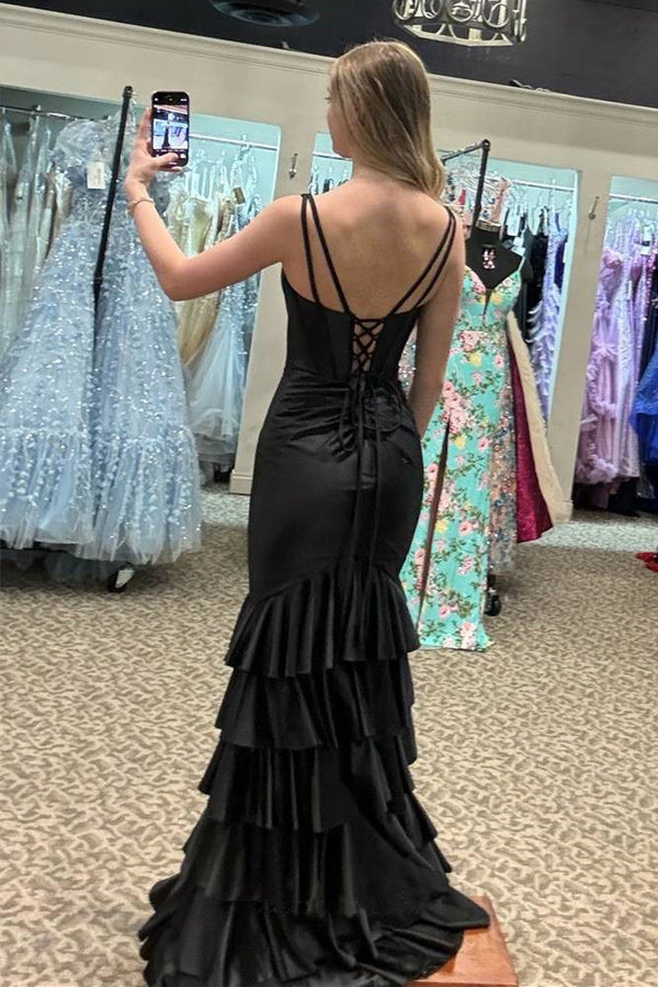 Mermaid V-Neck Ruffle Black Prom Dress Party Dress with Split PSK637