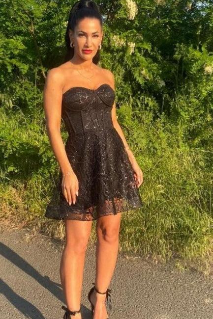 Vestido de Fiesta Mini Negro Corazón Dulce Tul Sin Mangas Línea A Sin Tirantes con Encaje