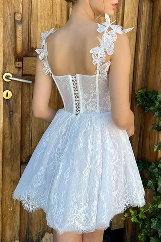 Mini-weißes Homecoming-Kleid aus Spitze, kurzes Ballkleid PD519