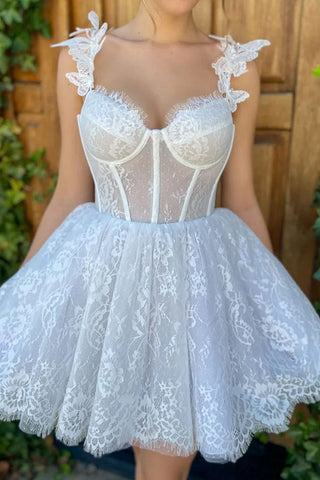 Mini-weißes Homecoming-Kleid aus Spitze, kurzes Ballkleid PD519