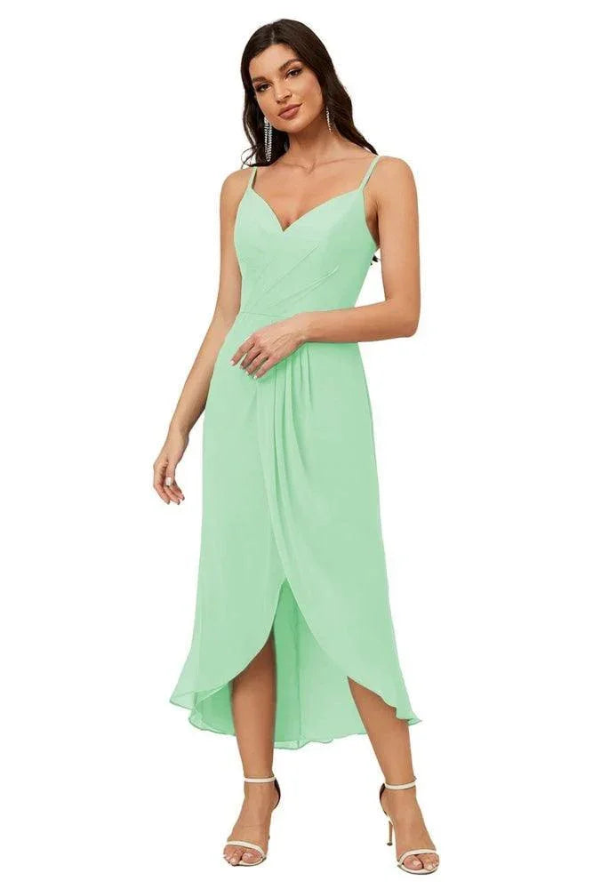 Numbersea Spaghetti-Träger Chiffon V-Ausschnitt Brautjungfernkleid Mittellanger Schlitz Formelles Abschlussballkleid Homecoming-Kleid 2803